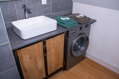 een wastafel en een wasmachine in de badkamer bij L'Atelier Brainois - Meublé de tourisme 3*** in Braine