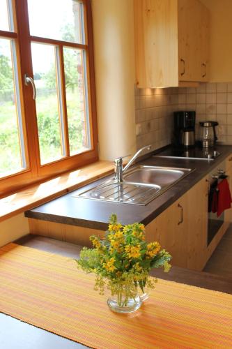 a kitchen with a sink and a vase of flowers on a table at Pension 'Am Vogelherd' in Schleiz