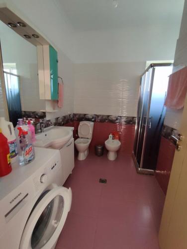 uma casa de banho com um lavatório, um WC e um chuveiro em Cheerful 2 bedroom villa with free parking. em Gjirokastër