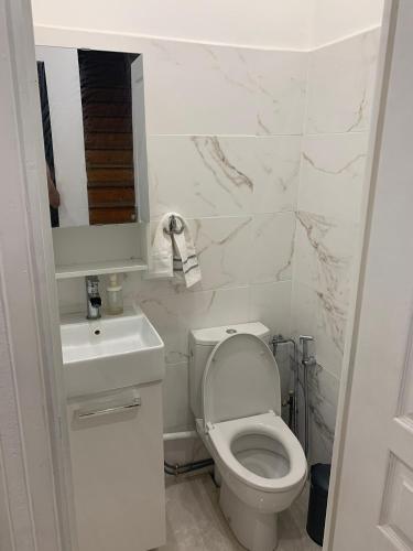 une salle de bain blanche avec des toilettes et un lavabo dans l'établissement Maison agréable Villeneuve saint Georges, à Villeneuve-Saint-Georges