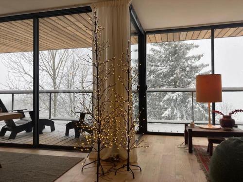 a living room with a christmas tree in front of windows at L'Avancée Chalet contemporain au coeur du Sancy AUVERGNE in Murat-le-Quaire