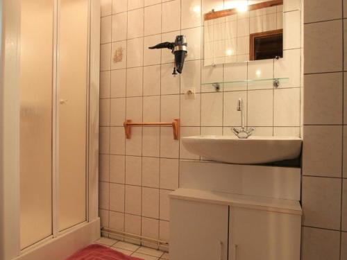 y baño con lavabo y espejo. en Gîte Allègre, 4 pièces, 6 personnes - FR-1-582-151, en Allègre