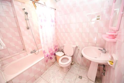 a pink bathroom with a toilet and a sink at Weygoss Guest House in Addis Ababa