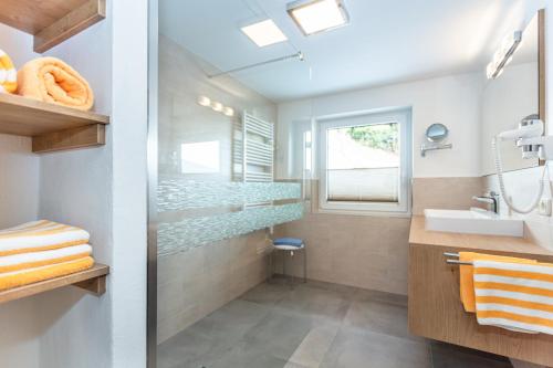 ザールバッハ・ヒンターグレムにあるApartments Salzburgerhofのバスルーム(シャワー、シンク、鏡付)