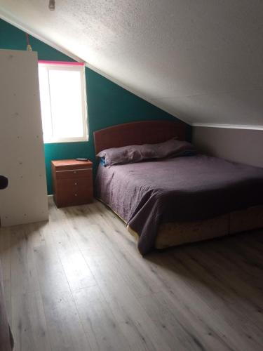 科金博的住宿－Los Arrayanes Hostel，一间卧室设有一张床和绿色的墙壁