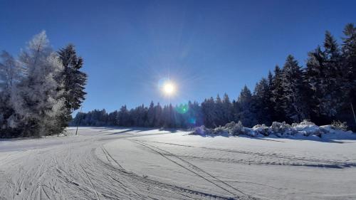 una carretera cubierta de nieve con el sol en el fondo en "Sporthütten Nassau" Ihr zentrales Domizil an der Blockline, en Bienenmühle