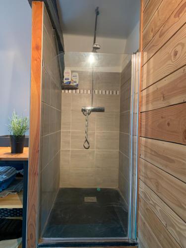 La salle de bains est pourvue d'une douche avec une porte en verre. dans l'établissement Chambre en campagne, à Parence