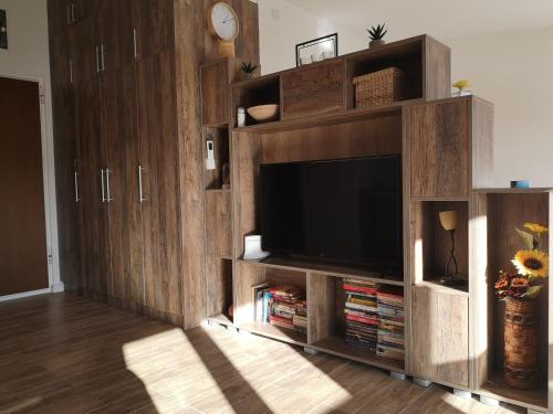 a living room with a entertainment center with a flat screen tv at LAKI apartman in Zaovine
