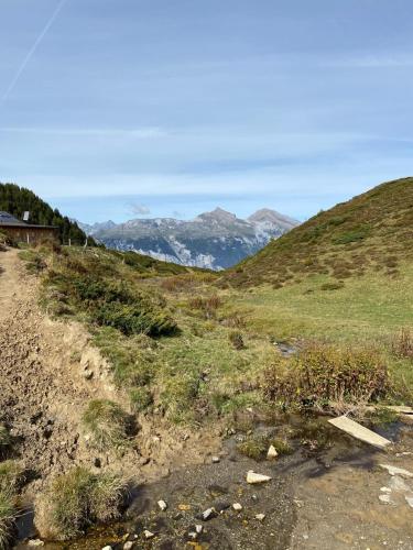 a dirt road on a hill with mountains in the background at on a quiet location, beautiful, spacious holidayhouse, only for holidays, with a fantastic view, perfect for skiing, walking and hiking in Scheid