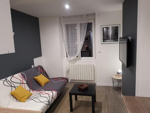 ein Wohnzimmer mit einem Sofa und einem Tisch in der Unterkunft Studio cosy au pied du METRO FLACHET in Villeurbanne