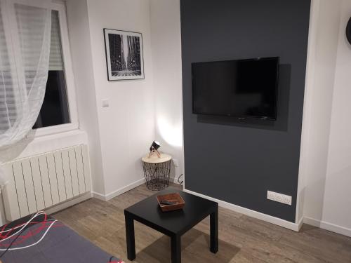ein Wohnzimmer mit einem Flachbild-TV an der Wand in der Unterkunft Studio cosy au pied du METRO FLACHET in Villeurbanne