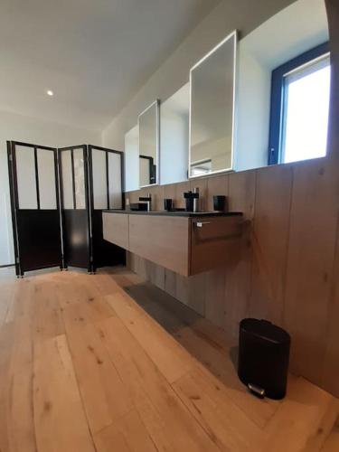 une salle de bain avec un lavabo et un miroir dans l'établissement Logement 80 m2 avec terrasses entre les deux abers, à Landéda