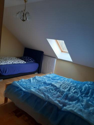 a bedroom with a bed and a window in it at Der kleine Bauernhof keine Arbeiter zadnych pracownikow in Lubiatow