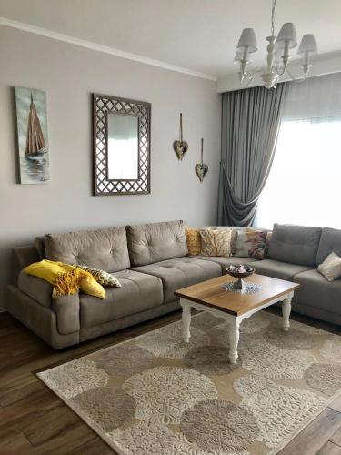 a living room with a couch and a coffee table at Apartment Your Home in Dobra Voda