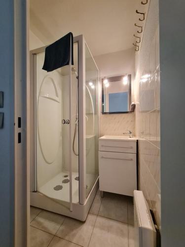 une salle de bain avec douche et lavabo dans l'établissement Studio calme à 50m de la plage et petite vue mer, au Grau-du-Roi