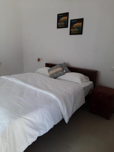 a bedroom with a white bed with two pillows at Katihalli Estate Stays in Hassan