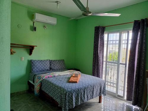 a green bedroom with a bed and a window at Casa Bonzay in Bacalar