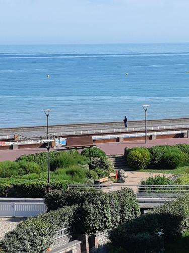 une personne se tient sur une plage près de l'océan dans l'établissement résidence des bains, à Veules-les-Roses