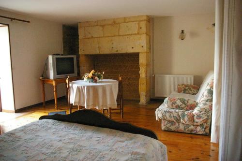 a living room with a table with a tv and a fireplace at Chambres d'Hotes du Maine in Lalinde