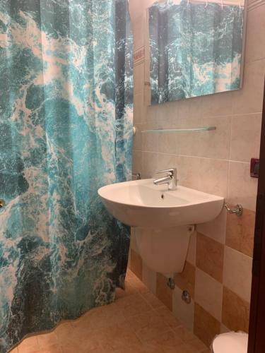 a bathroom with a sink and a shower curtain at Borgo Piccolo in Cavaion Veronese