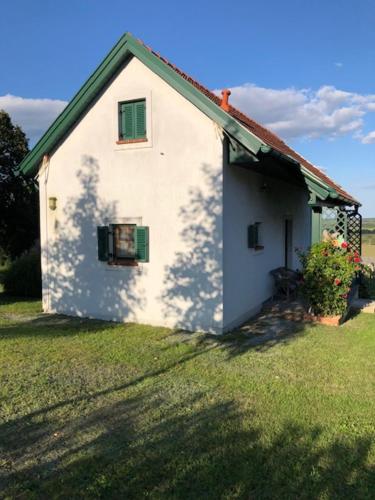a white house with green windows on a yard at Kellerstöckl Postrumer Weinberg 49 in Kulm im Burgenland