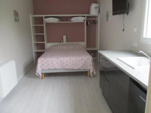 a small bedroom with a bed and a sink at Le Pijolin in Saint-Justin