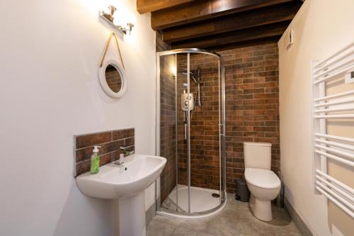 a bathroom with a sink and a toilet and a shower at Coastguard Boat House on Belfast Lough in Newtownabbey