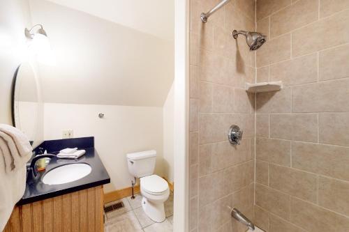 a bathroom with a toilet and a sink and a shower at Mullen Chalet in Greenwood