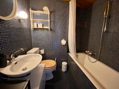 La salle de bains est pourvue d'un lavabo, de toilettes et d'une baignoire. dans l'établissement Appartement à la montagne, à Champéry