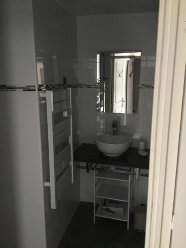 een badkamer met een wastafel en een spiegel bij ALS locations calvet françoise in Jonzac