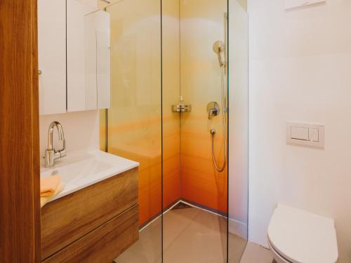 a bathroom with a shower and a toilet and a sink at Alpin - Studios & Suites in Warth am Arlberg