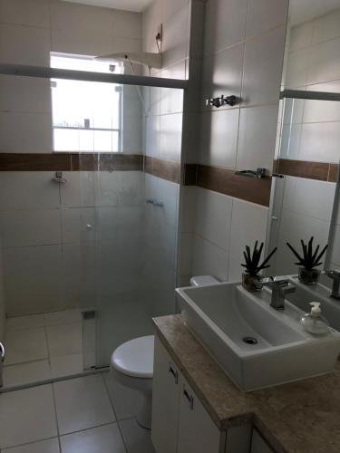 a bathroom with a sink and a toilet and a shower at Apto no centro da cidade mais alemã do Brasil in Pomerode