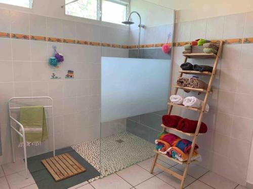 y baño con ducha y escalera. en La villa ô plaisir, en Deshaies