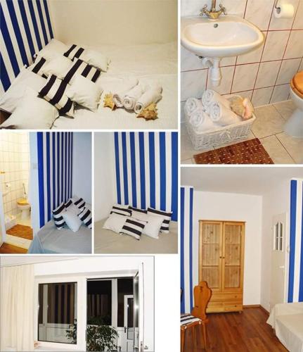 een collage van foto's van een slaapkamer met blauwe en witte strepen bij Agroturystyka w dolinie in Żegiestów