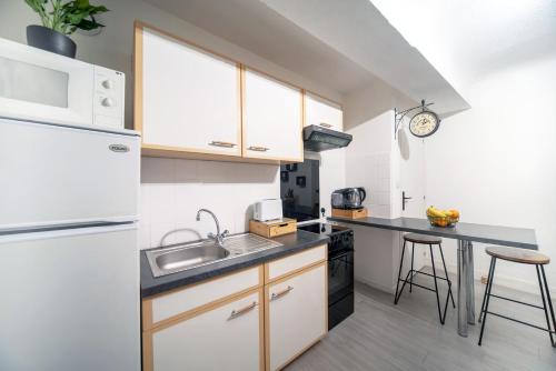 une cuisine avec un réfrigérateur blanc et un évier dans l'établissement Studio cosy au cœur du centre ville, à Mâcon