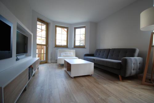 un salon avec un canapé et une télévision dans l'établissement TLA Schreiberhau, à Szklarska Poręba