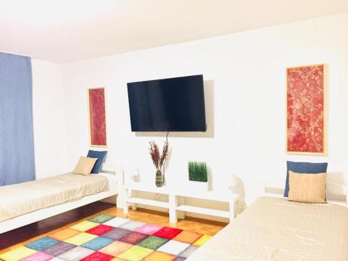 sala de estar con 2 camas y TV de pantalla plana en HannoverMesseApartment 2 bedroom and a balcony, en Hannover