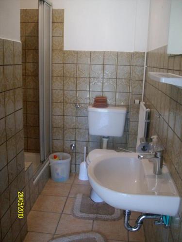 a bathroom with a sink and a toilet at Ferien und Gaestehaus Harms in Neuenkirchen