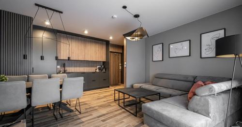 a living room with a couch and a kitchen at StoneHill24 - Apartament & Spa in Szklarska Poręba