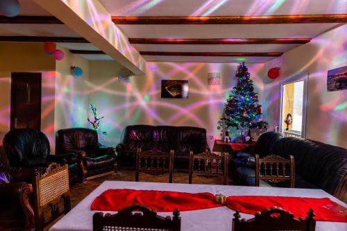 a living room with a christmas tree and leather furniture at Casa BeaSarah. in Dubova