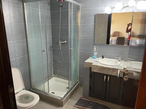 een badkamer met een douche, een toilet en een wastafel bij appt islane gh25 in Agadir