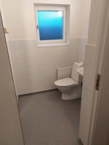 a bathroom with a toilet and a window at Hammarö Vandrarhem in Hammarö
