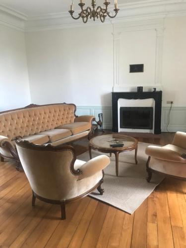 a living room with a couch and chairs and a fireplace at La Maladrie in Vouzailles