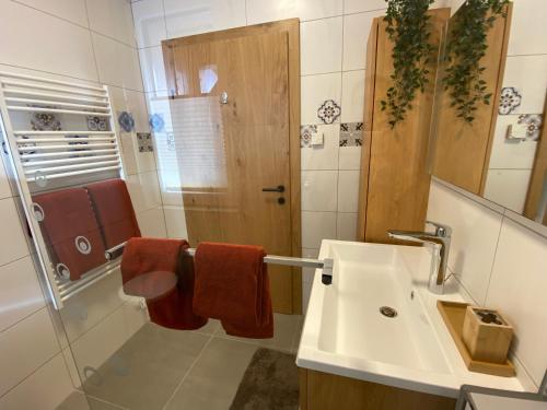 a bathroom with a sink and a shower at Moderne Kaminstube in Ramsau am Dachstein