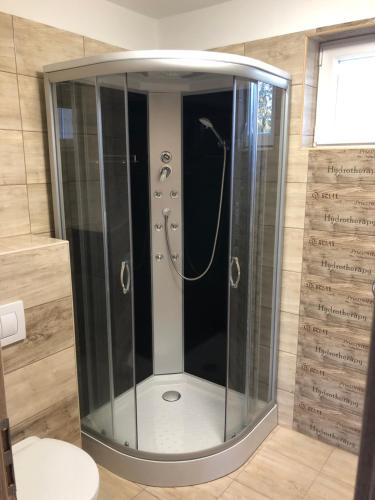 a shower with a glass door in a bathroom at Elvira Vendégház in Kisbodak