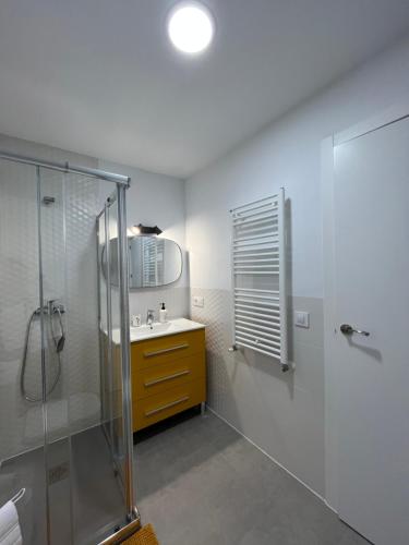 bagno con doccia, lavandino e specchio di MGG - Apartamento Muelle ad Albacete