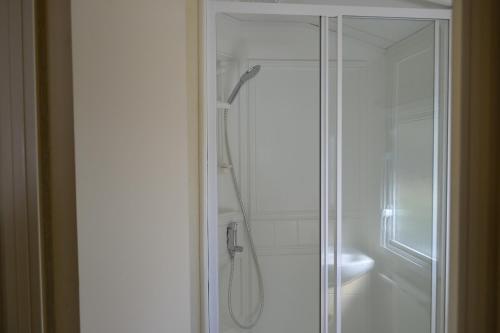 a shower with a glass door in a bathroom at Camping-Aller-Leine-Tal in Engehausen