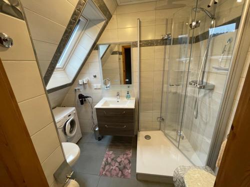 a bathroom with a shower and a sink and a toilet at Ferienwohnung Beate Engelhardt in Kleinern