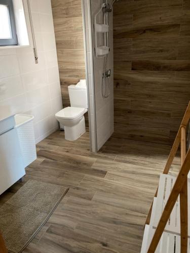 a bathroom with a toilet and a shower at Casa ponto Da Cruz t3 in Arcos de Valdevez