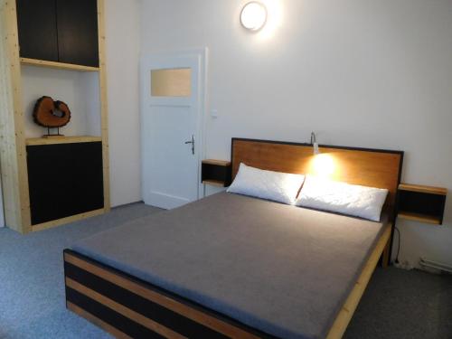 a bedroom with a large bed with a wooden headboard at Apartman HF in Liberec